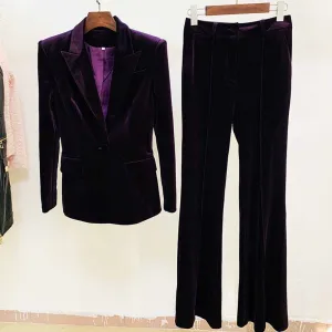 Women Velvet Blazer Pantsuit  Flare Trousers Suit